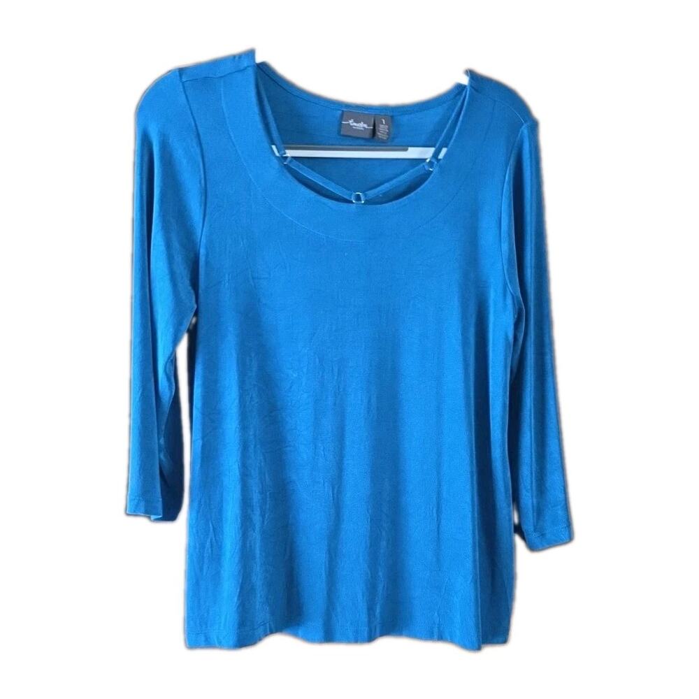 CHICOS Travelers Women Sz 1 Med Blouse Teal Casual Career Everyday Jersey Top